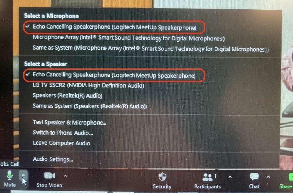 Screenshot of different camera and audio settings in the zoom video conferencing app.
